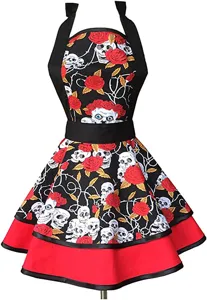 Vintage gothic skull rose cotton apron with halter neck and double ruffled hem for cooking.