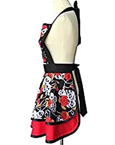 Vintage floral print ruffle hem apron detail, retro black and red design for women.