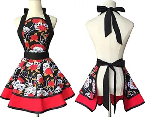 Retro cotton apron with ruffles bow skull rose print detail view for women cooking task.