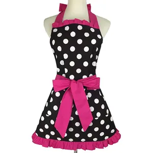 Vintage black and white polka dot apron with pink ruffles and large bow for women cooking baking