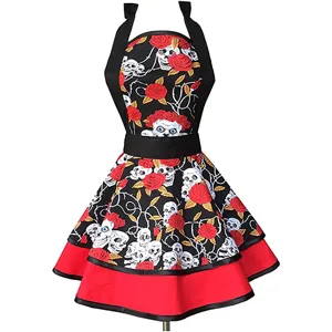 Retro Gothic skull and red rose print apron with ruffled hem and halter neck for women.