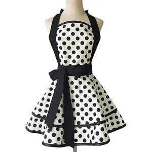 Vintage black and white polka dot halter apron dress with bow and ruffles for women
