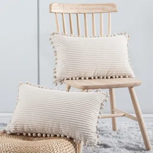 Corduroy pom pom throw pillow cushion, solid color striped decorative pillow cover for sofa.
