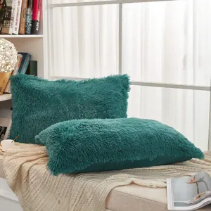 Flauschiger Langhaar Kissenbezug weich dunkelgruen Pluesch Kissen fuer Sofa und Bett