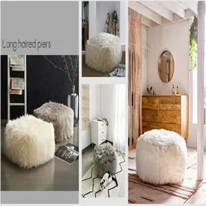 Detail view showing soft faux fur fluffy pouf ottoman in various home living room settings.