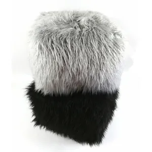 Grey and black faux fur pouffe detail, soft plush lazy sofa cushion for home living room decor.