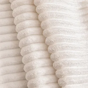Beige striped corduroy fabric detail shot, soft plush texture close-up for cushion cover.