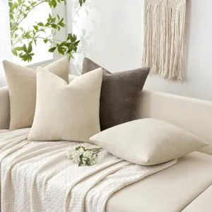 Gezellig chenille kussen op bank, zachte textuur detail voor woonkamer decoratie.