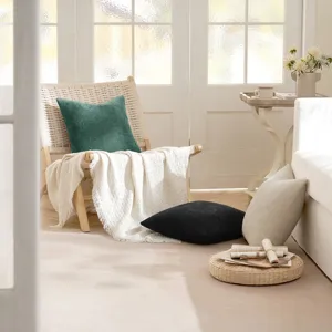 Chenille kussen detailscène, zacht getextureerd sierkussen voor bank en bed interieur.
