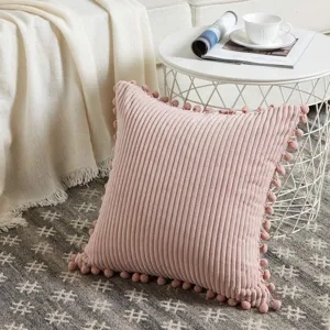 Pink corduroy throw pillow cover with pom pom fringe cute decorative cushion for sofa bed