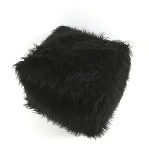 Black long plush cube ottoman lazy sofa cushion detail view, cozy home decor for living room.