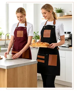 Élégant tablier de cuisine en toile robuste avec poches en cuir PU et sangle de cou réglable.