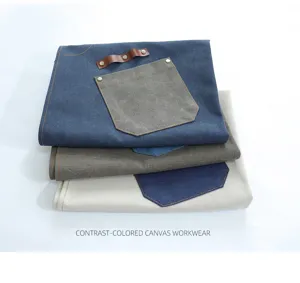 Retro multi-pocket canvas work apron stacked view, durable barista barber utility design.