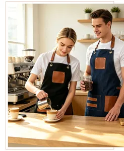 Tablier en toile et denim avec lanières en cuir PU, parfait pour café, cuisine et salon.