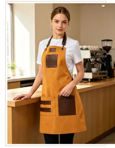 Tablier en toile avec poches en cuir PU pour cuisine, barista et restaurant. Détail.