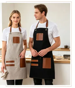 Détails de tablier en toile et cuir PU, lanière réglable, poches multiples pour cuisine.