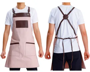 Canvas spliced work apron detail view, multi-pocket kitchen cafe BBQ catering design.
