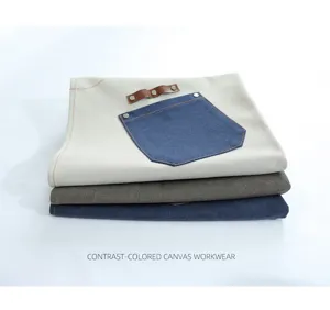 Vintage thick canvas work apron with multi pockets, denim pocket and leather loop.