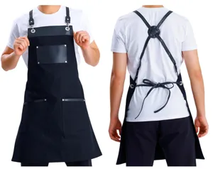 Black canvas apron with leather pockets cross back straps adjustable chef kitchen BBQ cooking
