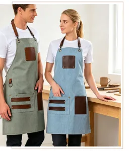 Tablier en toile avec poches et lanières en cuir PU, tablier de travail croisé réglable pour cuisine.