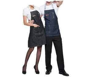 Tablier de travail denim unisexe avec poches zippées et bretelles pour cuisine, café et grill.