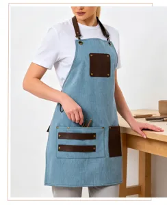 Tablier en jean avec bretelles en cuir PU et poches pour cuisine et atelier