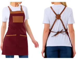 Canvas kitchen apron with leather straps, wine red cooking bib for cafe restaurant barbecue use.