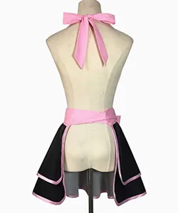 Detailed back view of the black and pink double-layer halter apron with a cute bow knot.