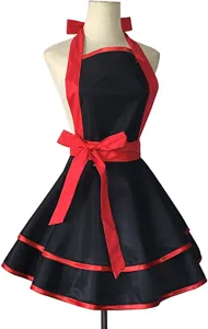 Black and red halter apron with double layer ruffles and cute bowknot for cooking baking