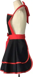 Black and red layered ruffled apron, halter neck design with cute bows, detail display view.