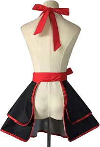 Black and red maid apron detail featuring double layer ruffle skirt and elegant neck bow.