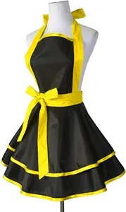 Black yellow apron, layered skirt, halter neck, cute bowknot design, kitchen detail.