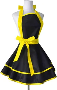 Black and yellow halter apron with double layer skirt, stylish bow tie design for cooking.