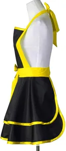 Close-up detail of the black and yellow halter apron featuring a stylish double-layer hem.