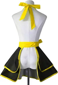 Black and yellow layered apron detail showing adjustable halter neck and bow design.