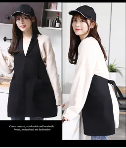 Korean style women apron suit collar kitchen coffee shop workwear black cotton bibs.