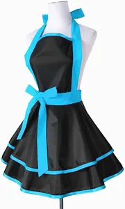 Black halter apron featuring bright blue trim, double ruffled skirt and decorative bow detail.