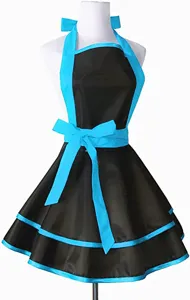 Chic black and blue halter apron featuring double layered skirt, elegant bows, and vibrant trim.