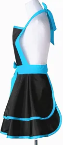 Detail view of the black and blue ruffled apron featuring halter neck and cute bow design.