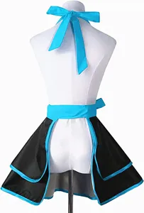 Cosplay apron with double layer skirt, neck strap and blue bow for costume dress up events.