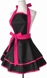Black ruffled kitchen apron with hot pink bow and trim, cute retro cooking dress for women.