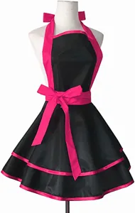 Black ruffled apron detail featuring bright pink trim, halter neck, and waist bow design.