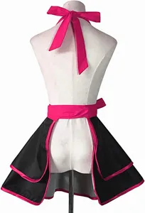 Black and hot pink maid apron with halter neck, large bow, double-layered ruffled skirt.
