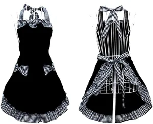 Detailed view of the black and white checkered ruffled apron with cute bow decorations.