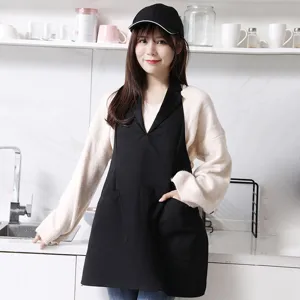 Women Korean Style Suit Collar Work Apron Solid Color Cotton Blend Kitchen Apron