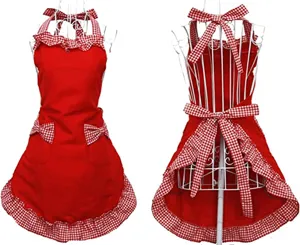 Red kitchen apron featuring white checkered ruffles, bows, and double layered skirt details.