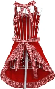 Red uniform cloth apron featuring white and red checkered bow and double lace ruffle hem details.
