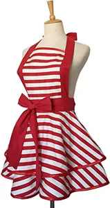 Red white striped retro apron with double layer ruffle skirt and big bow, cute kitchen wear.
