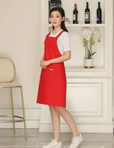 Red cotton polyester work apron with cross back straps, perfect for coffee shops and custom logos.
