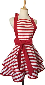 Close-up details of the red and white striped retro apron featuring ruffles and bow.